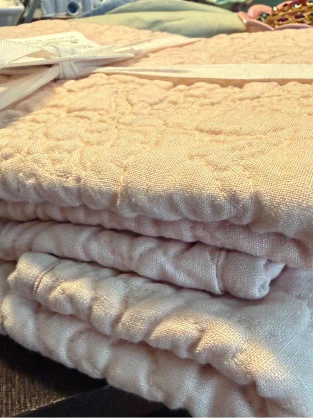 Pottery Barn Belgian Flax Linen Quilted Standard Shams Set/2 Pale Pink